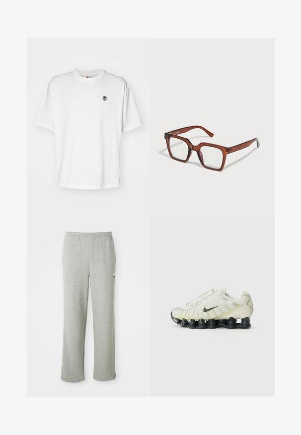 Bela bombažna majica s krožnim ovratnikom, kratkimi rokavi in majhnim črnim logotipom drevesa na levem prsnem delu. Mehka tkanina, sproščen kroj.; Sive trenirke iz mehkega bombažnega blaga, ki imajo elastičen pas, ravne hlačnice in majhen logo na levi strani.; Beli in svetlo zeleni Nike superge z teksturirano zgornjimi deli, vidnimi vezalkami in črnim segmentiranim podplatom, ki vključujejo odsevne detajle.; Rjave, prevelike pravokotne naočale s prozornimi lečami in rahlim rožnatim odtenkom na desni leči. Plastičen okvir z gladko teksturo.