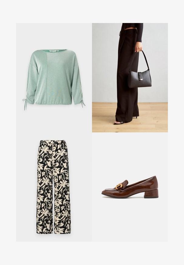 Top de rayas verdes con mangas de tres cuartos, que presenta un corte holgado, lazos en las mangas y un diseño de paneles en contraste. Textura de tela suave.; Pantalones de pierna ancha negros con un patrón floral crema. Fabricados en un tejido ligero, con una textura suave y una cintura alta.; Mocasines de cuero marrón con un acabado brillante, que presentan una hebilla decorativa dorada en la parte frontal y un tacón bajo tipo bloque. Diseño clásico.; Bolso negro con forma estructurada, textura suave y un cierre metálico. Combinado con pantalones anchos negros y sandalias de dedo en un suelo de madera.