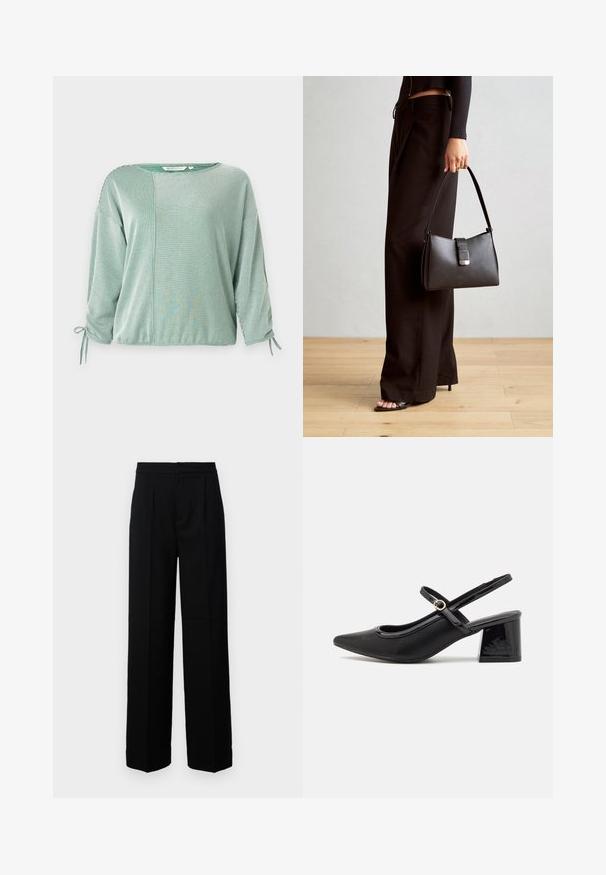 Top a righe verdi con maniche a tre quarti, caratterizzato da una vestibilità morbida, dettagli annodati alle maniche e un design con pannelli a contrasto. Tessuto morbido.; Pantaloni neri a gamba larga con una texture liscia, dotati di una parte anteriore piatta, pieghe e una vita sagomata. Senza hardware visibile o motivi.; Décolleté in vernice nera con cinturino dietro, punta affusolata, design con ritagli arrotondati e tacco a blocco. Presenta un accento di fibbia tono oro.; Borsa nera con forma strutturata, texture liscia e una chiusura metallica. Abbinata a pantaloni neri larghi e sandali open-toe su un pavimento in legno.