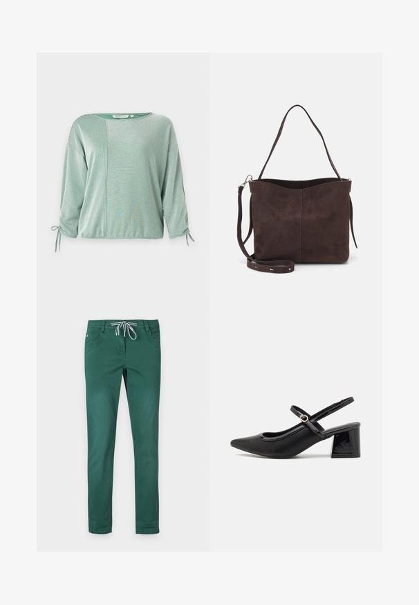 Grønstribet top med trekvartærmer, der har en løs pasform, knyttede detaljer ved ærmerne og et kontrasterende paneldesign. Blød stoftekstur.; Grønne bomuldsblandede bukser med lige ben-design, snøre i taljen og to forlommer. Glat tekstur og uden mønstre.; Sorte patentlæder slingback hæle med spids tå, rund udskæring og blokhæl. Har en guldtonet spændeaccents.; Brun ruskinds tote bag med en blød tekstur, der har en enkelt skulderrem og en diskret buet topåbning. Ingen synlige hårde detaljer.