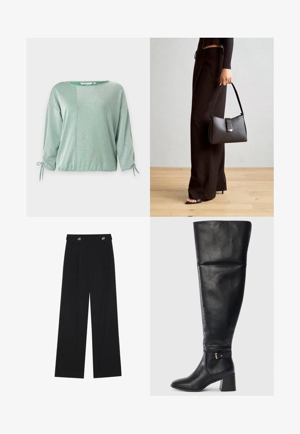Top de rayas verdes con mangas de tres cuartos, que presenta un corte holgado, lazos en las mangas y un diseño de paneles en contraste. Textura de tela suave.; Pantalones de pierna ancha negros con cintura alta, detalles de botones en la cinturilla y pliegues en la parte delantera.; Botín de cuero negro hasta la rodilla con tacón cuadrado y correa decorativa con hebilla dorada por encima del tobillo, vista lateral sobre fondo blanco.; Bolso negro con forma estructurada, textura suave y un cierre metálico. Combinado con pantalones anchos negros y sandalias de dedo en un suelo de madera.