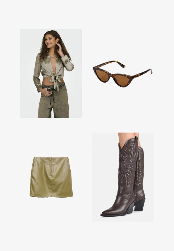 Top corto de satén en verde oliva con escote en V profundo y lazo en la cintura; combinado con pantalones de mezclilla claros de tiro alto.; Minifalda de cuero sintético verde oliva con bolsillos laterales, textura suave y un diseño sencillo y recto. Presenta una costura delantera oculta.; Botas de vaquero de cuero marrón con punta afilada y tacón cuadrado, que presentan costuras detalladas y acentos elevados en el caño.; Gafas de sol estilo ojo de gato con montura de carey negra y naranja, lentes marrones y puntas elegantes y afiladas. Presenta un logo minimalista en la patilla.; Pequeño bolso de mano crema con un acabado texturizado, una correa larga y ajustable, un acento de cadena y cierre de solapa. Detalles en hardware dorado.; Aretes de aro de oro con un acabado suave y brillante. Diseño circular que presenta un pequeño post y un respaldo transparente para un uso seguro.