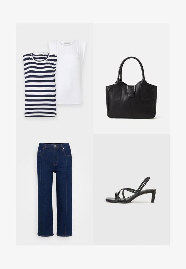 Zwei Damenoberteile: eines gestreift in Marineblau und Weiß, das andere einfarbig Weiß. Beide haben einen runden Ausschnitt und kurze Ärmel und bestehen aus weichem Baumwollmaterial.; Dunkelblaue gerade Jeans mit Knopfverschluss, vorderen und hinteren Taschen sowie sichtbaren orangefarbenen Nähten entlang der Nähte.; Schwarze Sandale mit Riemchen, quadratischer Zehenform und niedrigem Blockabsatz. Verfügt über mehrere dünne Riemen und einen verstellbaren Knöchelriemen. Hergestellt aus glattem Leder.; Schwarze Leder-Tote mit glatter Textur, strukturiertem Design, zwei Griffen und einem auffälligen silbernen Schnallen-Detail auf der Vorderseite.
