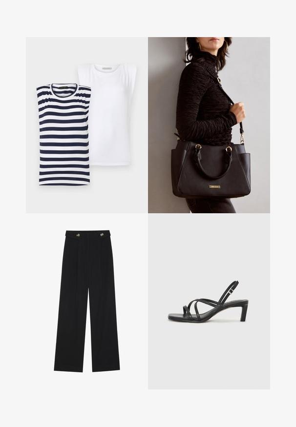 Two women's tops: one striped navy and white, the other solid white. Both have a round neck and short sleeves, made of soft cotton material.; Black wide-leg trousers with high waist, button details on waistband, and front pleats.; Black strappy sandal with a square toe and a low block heel. Features multiple thin straps and an adjustable ankle strap. Made of smooth leather.; Black handbag with textured surface, dual top handles, and adjustable shoulder strap. Features gold-tone hardware and side pockets.