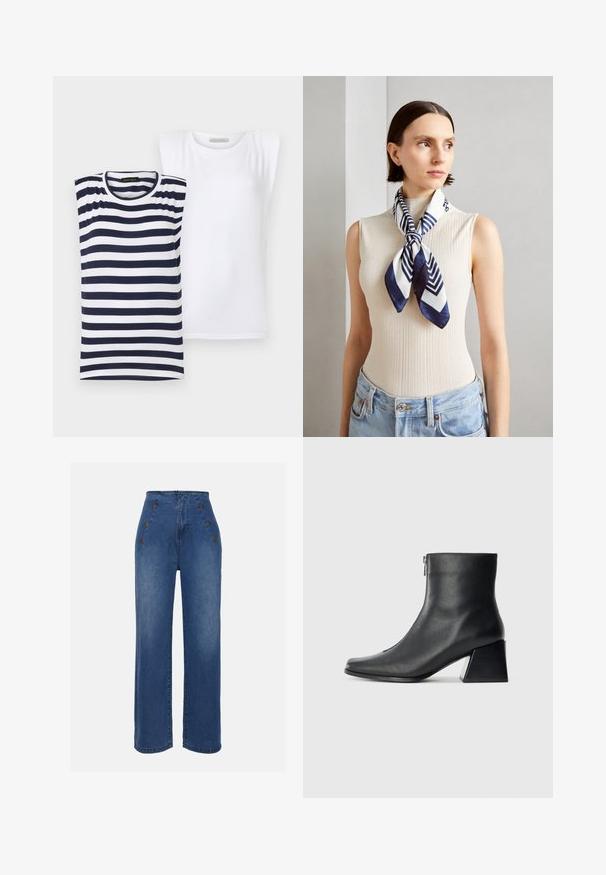 Two women's tops: one striped navy and white, the other solid white. Both have a round neck and short sleeves, made of soft cotton material.; High-waisted denim jeans in medium blue. Features front button accents and wide-leg design. Fabric has a smooth texture with slight fading.; Black leather ankle boot with square toe, side zipper, and block heel against plain light background.; Silk scarf in navy blue and white with a geometric zigzag pattern. Smooth texture, tied neatly around the neck, complementing a ribbed top.; Black leather tote bag with smooth texture, structured shape, two handles, and a prominent silver buckle detail on the front.