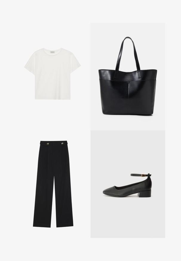 White short-sleeve T-shirt made of soft cotton. Features a round neckline and relaxed fit. Clean design with no visible patterns or accents.; Black wide-leg trousers with high waist, button details on waistband, and front pleats.; Black leather pump with a pointed toe and a low block heel. Features an ankle strap with a gold-tone buckle. Smooth texture.; Black leather tote bag with two long handles, a smooth texture, and a structured shape. Features a front pocket for additional storage.