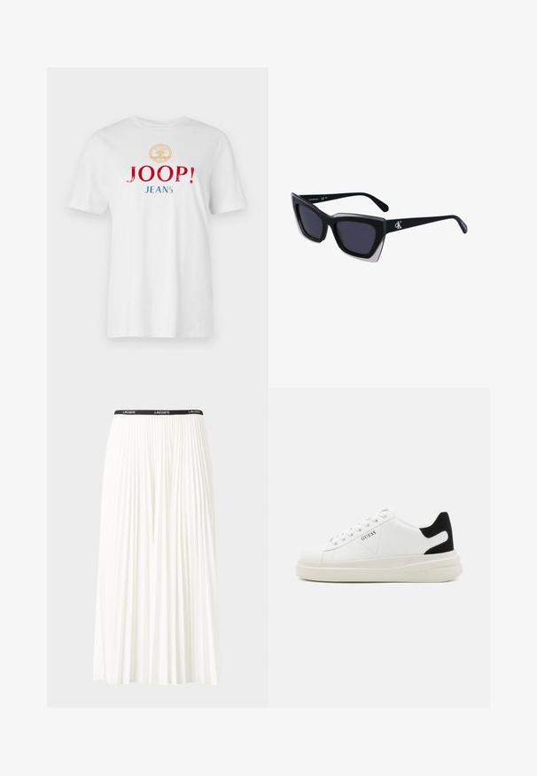 T-shirt en coton blanc avec un col rond, des manches courtes et un texte multicolore en gras : "JOOP !" en rouge et "JEANS" en bleu, sous un emblème doré.; Jupe plissée blanche avec une taille élastique noire portant le logo "LACOSTE". Design mi-long avec une texture douce.; Baskets en cuir blanc avec une épaisse semelle blanche, un accent en daim noir au niveau du talon et un logo embossé sur le côté. Design à lacets avec six œillets.; Lunettes de soleil noires surdimensionnées avec une forme géométrique, dotées de verres foncés et d'un détail gris contrastant sur la monture. Logo sur la branche.