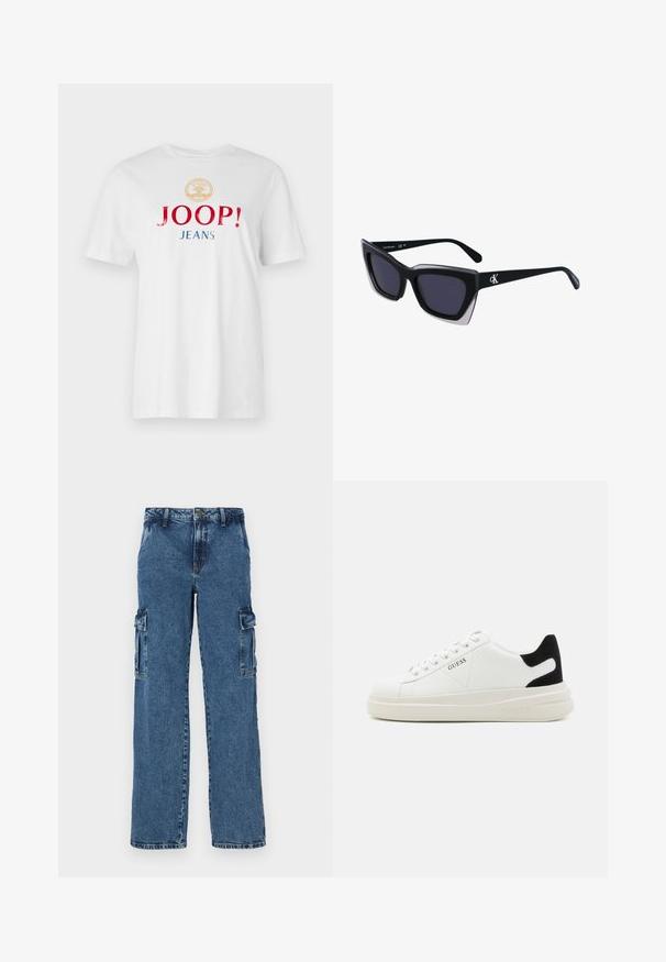 White cotton t-shirt featuring a round neckline, short sleeves, and bold multicolored text: "JOOP!" in red and "JEANS" in blue below a gold emblem.; Blue denim cargo pants with a relaxed fit, featuring two side pockets, reinforced stitching, and a straight leg design.; White leather sneakers with a thick white sole, black suede heel accent, and embossed logo on the side. Laced design with six eyelets.; Black oversized sunglasses with a geometric shape, featuring dark lenses and a contrasting grey detail on the frame. Logo on the arm.