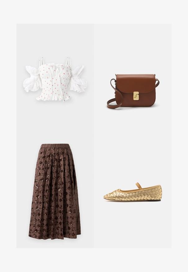 Top bianco arricciato con piccoli motivi floreali rossi, spalline regolabili, e maniche a palloncino con orlo arricciato.; Gonna midi marrone con vita elastica, caratterizzata da decorazioni floreali in paillettes, design plissettato e una texture di tessuto liscia.; Loeffler Randall LEONIE SOFT BALLET FLAT - Ballerine con cinturino - gold; Borsa a tracolla in pelle marrone con chiusura a pattina, hardware color oro, tracolla e una finitura liscia. Forma rettangolare compatta.