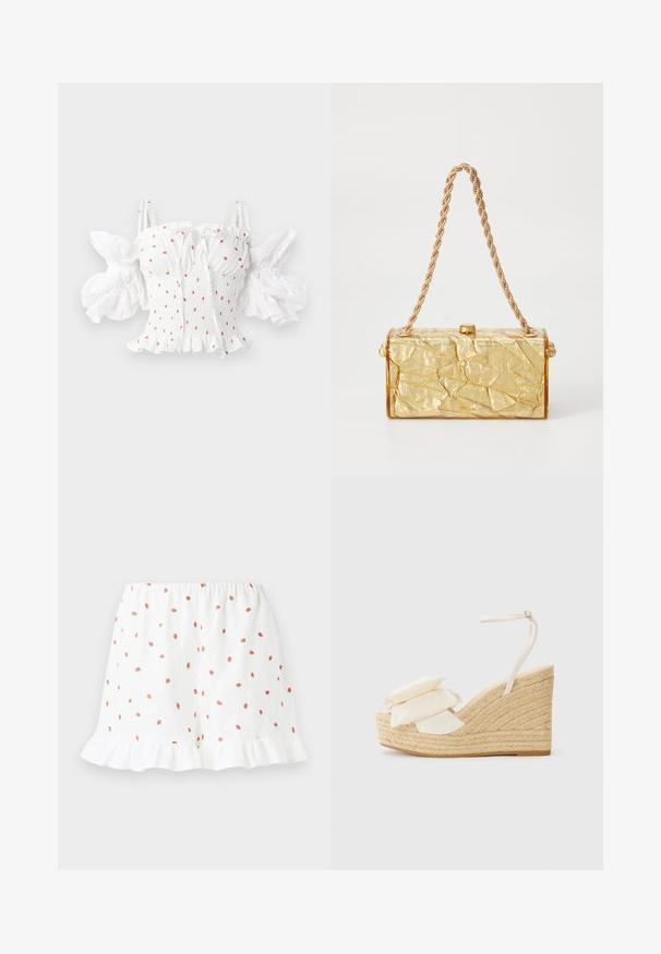 Valge smockitud topp väikeste punaste lilleprinditega, reguleeritavad ribad ja punnis varrukad rulliäärega.; Valged lühikesed püksid väikeste punaste maasikaprintidega, volangääre ja elastse vöökoha mugavuse tagamiseks. Valmistatud kergest kangast.; Kaldte meeste jalatsid looduslikult jute platvormiga, kreemi värvi kangast ülaserv ja kaks kihilist lillemotivi; sisaldab õhukest pahkluu rihma kinnitusega.; Kuldne korter struktuuriga käekott, millel on ristkülikuline kuju, kettling ja ülaosas klambriga sulgur. Sile, läikiv viimistlus.