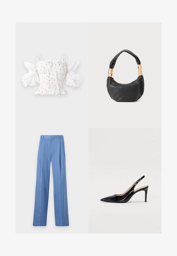 Bílý smockovaný top s malými červenými květinovými vzory, nastavitelné ramínka na špagety a nabírané rukávy s volánovým lemem.; Světle modré široké kalhoty s vertikálními bílými pruhy. Vyrobené z hladkého materiálu, s předním záhybem a čistým designem pasu.; Černé lakované slingback lodičky s špičatou špičkou, úzkým podpatkem a jemným výřezem. Obsahují zlatou sponu na řemínku.; Černá kožená kabelka s kulatým tvarem, měkkou texturou a uzlovou rukojetí se zlatými kovovými detaily. Zapínání na zip.