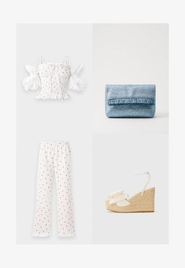 Baltas smockuotas pasijonis, puošiamas mažais raudonais gėlių raštais, reguliuojamomis spaghetti petnešėlėmis ir pūstomis rankovėmis su banguotu kraštu.; Laisvi balti pižaminiai pantalonai su raudonais braškių raštais, tampriomis juostomis ir nertais našlaitėmis. Lengvas audinys ir tiesios kojos dizainas.; Kampanėlės sandalai su natūralaus jute platforma, kreminės spalvos audinio viršumi ir dviem sluoksniais gėlių akcentų; turi ploną kulkšnies dirželį su sagtimi.; Šviesiai mėlyna audinė rankinė su tekstūruotu paviršiumi ir frakcinėmis detalėmis priekyje. Kraštovaizdžio formos ir subtilus ženklas.