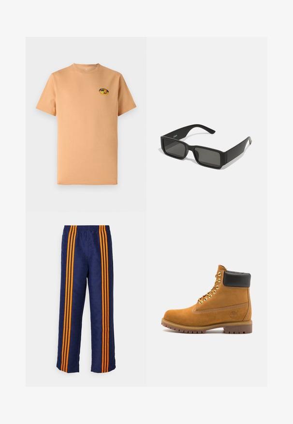 Short-sleeve, light beige cotton t-shirt with a round neckline and a small multicolored logo patch on the left chest area.; Blue track pants with an all-over pattern and orange stripes down the sides, featuring a comfortable elastic waistband and loose fit.; Tan suede ankle boot with black padded collar, gold metal eyelets, white stitching detailing, and rugged rubber sole with pronounced treads.; Black sunglasses with rectangular lenses, matte plastic frame, and straight edges. Features brand logo on the inner arm.