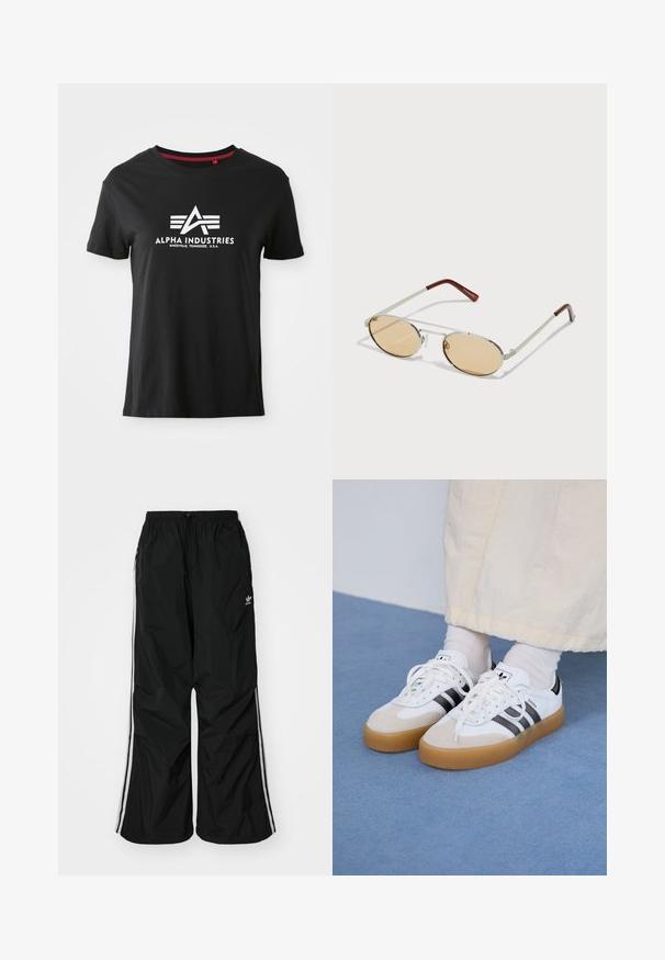Svart bomull t-skjorte med rund hals og korte ermer. Har en fremtredende hvit logo med stiliserte bokstaver og aksentlinjer på forsiden.; Sorte vindjakke bukser med elastisk midje, snor, hvite sidestriper, løs passform, med en liten logo på venstre side.; Hvite sneakers med svarte striper og beige semsket skinn-detaljer. Har en teksturert gummisåle og flate hvite snører, brukt med lyse sokker.; Metallsolbriller med ovale, lysebrune tonede linser. Slank sølvramme med strukturert detaljer og rødbrune spisser på armene.