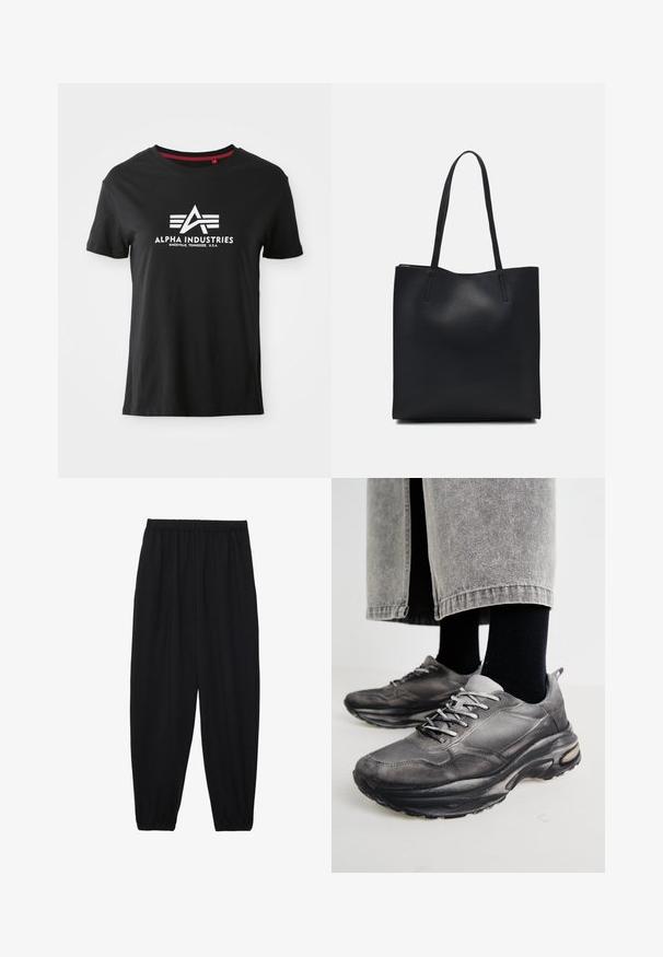 Camiseta de algodão preta com decote redondo e mangas curtas. Apresenta um logótipo branco proeminente com letras estilizadas e linhas de destaque na parte da frente.; Calças pretas, leves, com um cinto elástico e punhos franzidos. O tecido é suave e apresenta um design relaxado e afunilado.; Sapatilhas atléticas pretas e cinzentas apresentam um upper em malha, solas espessas e atacadores. Têm um bico arredondado e detalhes de amortecimento visíveis.; Bolsa tote preta em couro com textura lisa, forma retangular e duas alças longas. Sem hardware ou enfeites visíveis.