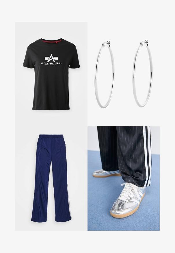 Schwarzes Baumwoll-T-Shirt mit Rundhalsausschnitt und kurzen Ärmeln. Auf der Vorderseite befindet sich ein auffälliges weißes Logo mit stilisierten Buchstaben und Akzentlinien.; Marineblaue Sporthose mit elastischem Bund, geraden Beinen und seitlichen Reißverschlüssen. Mit weißen Paspeln an den Seiten. Glatte Stoffstruktur.; Metallisch silberne Sneaker mit weißen Schnürsenkeln und drei weißen Streifen, kombiniert mit schwarzen Nadelstreifen-Hosen. Gummisohle am Boden.; Silberne Creolen mit einer glatten, polierten Oberfläche und einer dünnen, runden Form. Das Design verfügt über einen sicheren Verschluss.