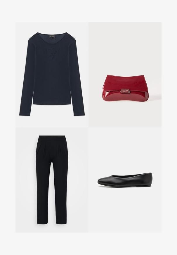 Tumesinine pika varrukaga ümar kaelusega särk, mille rinnal on peenelt brodeeritud logo, valmistatud pehmest kangast, sirgelt valge tausta peal.; Mustad, laiad püksid, mis on tehtud siledast kangast. Omavad elastset vöökohta ja kaht esist pleeti. Ei ole nähtavaid mustreid ega riistvara.; Paul Smith TOPANGA - Baleriinad - black; Punane patendnaha clutch-kott, millel on kaardunud disain, volditav klapp ja metallist logo aktsent hõbedasel plaadikesel. Sile, läikiv pind.