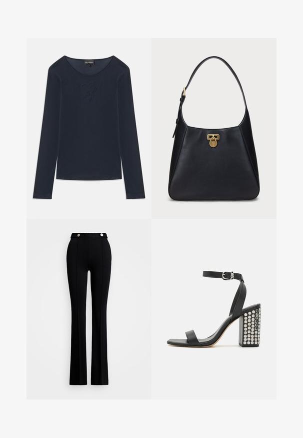 Maglietta a maniche lunghe blu navy con colletto a girocollo e logo ricamato discreto sul petto, realizzata in tessuto morbido, stesa su sfondo bianco.; Pantaloni neri svasati realizzati in tessuto elasticizzato, caratterizzati da una vita alta, due tasche frontali e dettagli in metallo argentato in vita.; Infradito in pelle nera con tacco e cinturino alla caviglia. Presentano una punta quadrata, una texture liscia e un tacco a blocco quadrato adornato con borchie in argento.; Borsa a spalla in pelle nera con design curvo, dotata di una chiusura a lucchetto dorato e una tracolla arrotondata. Texture liscia con accenti minimi.