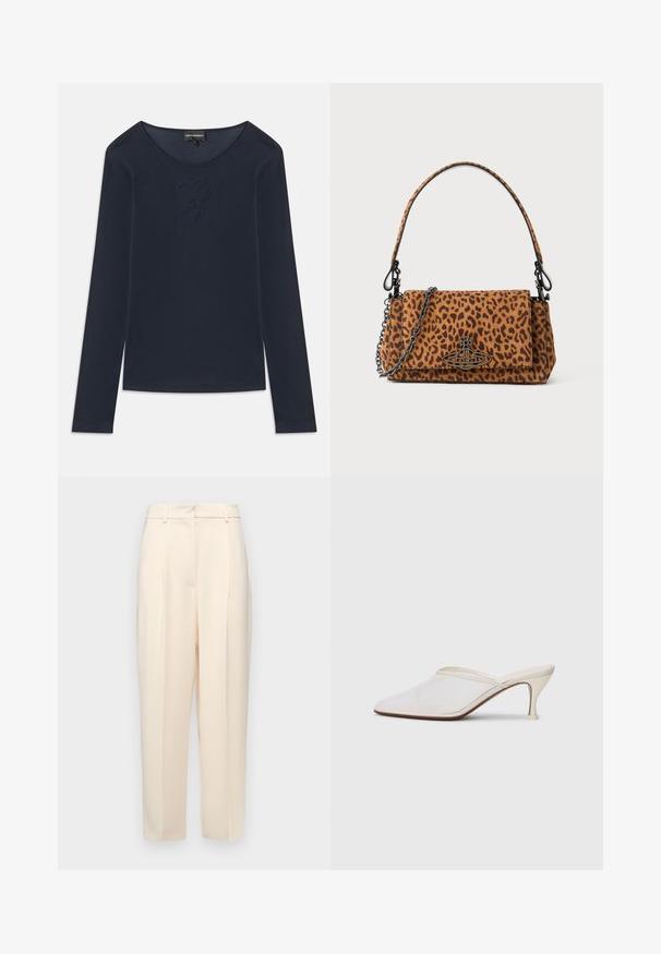 Tumesinine pika varrukaga ümar kaelusega särk, mille rinnal on peenelt brodeeritud logo, valmistatud pehmest kangast, sirgelt valge tausta peal.; Beežid kohandatud püksid otse lõikega, ees volditud, siledast tekstuurist ja keskmise kõrgusega vöökoht. Nähtavaid taskuid ei ole.; Valge võrkmaterjalist teravatoa mulli king, millel on peen keskmise kõrgusega konts ja libisev disain, tühjal taustal.; Leopardimustriga nahkese käekott, mis on valmistatud suede'ist, lühikese käepideme ja ahelahaga. Ristkülikukujuline kuju flapi sulgemisega.