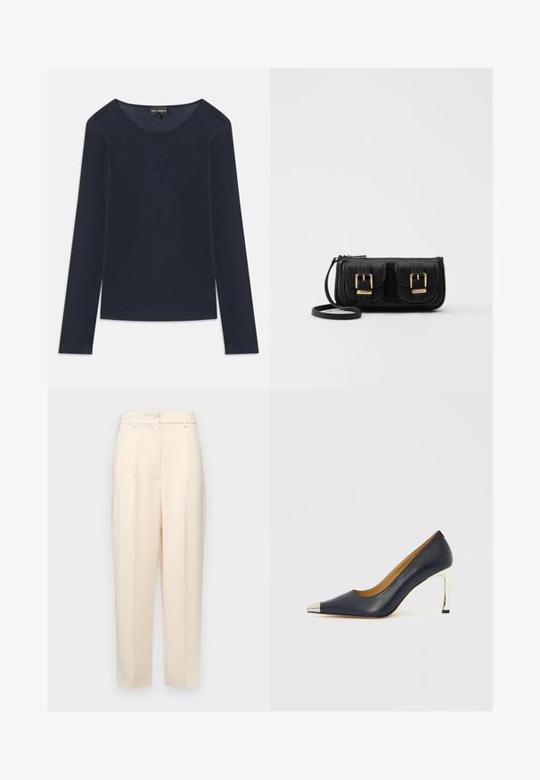 Tumši zilas krāsas, garām piedurknēm, apļa kakla krekls ar diskrētu izšūtu logo krūšu daļā, izgatavots no mīksta materiāla, novietots uz balta fona.; Beige pielāgotas bikses ar taisnu piegriezumu, priekšpusē ar krokām, gluda tekstūra un vidējas augstuma jostasvieta. Nav redzamu kabatu.; Tumši zila ādas augstpapēžu kurpe ar smailu purngalu, kas izceļas ar sudrabotu metālisku uzgali un spīdīgu sudraba stilettos papēdi.; Melnas ādas crossbody soma ar divām priekšējām kabatām, zelta sprādzēm, ar rāvējslēdzēju aizdari un šauru siksnu. Strukturēta virsma un kompakta taisnstūra forma.