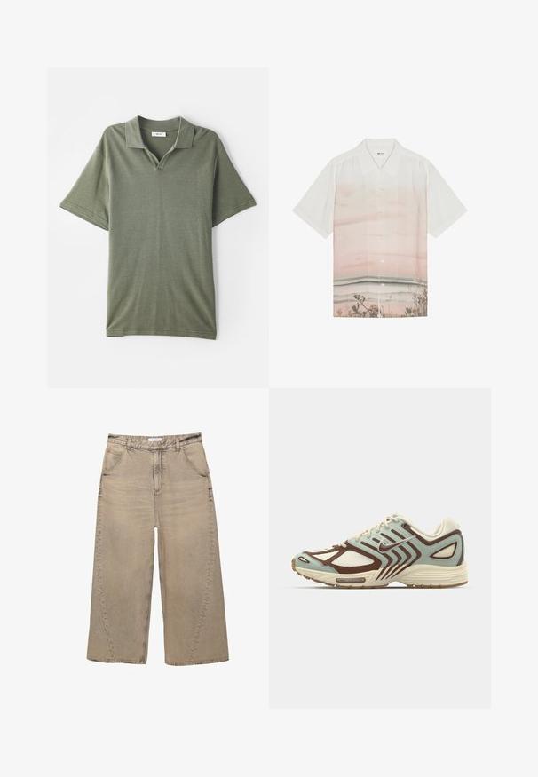 Olivgrünes Polohemd mit kurzen Ärmeln, Kragen und strukturierter Stoff. Mit einem V-förmigen Ausschnitt und lockerer Passform.; Kurzarmhemd aus weißem Stoff mit einem Farbverlauf in sanften Rosa-Tönen und einem Strandmotiv am unteren Rand. Knopfschluss.; PULL&BEAR MEGA BAGGY - Baggy Jeans - light grey; Hellblaue und braune Sneaker mit einem strukturierten Mesh-Obermaterial, geschichtetem Design, reflektierenden Akzenten und einer gepolsterten cremefarbenen Zwischensohle.