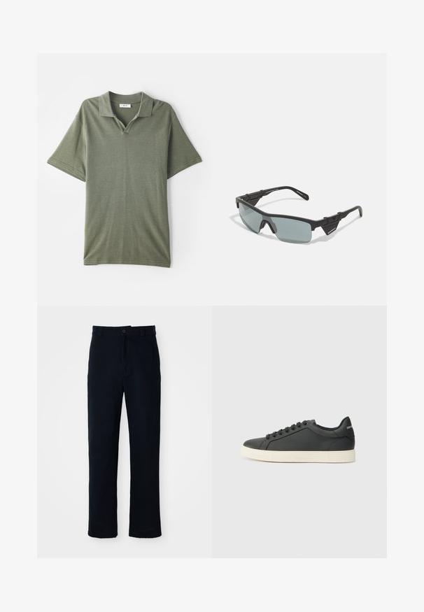 Polo shirt corto a maniche corte di colore verde oliva con colletto e tessuto texture. Presenta un'apertura a forma di V e una vestibilità rilassata.; Pantaloni color blu navy in cotone, con design a gamba dritta, chiusura con bottone frontale e vita classica con passanti per cintura.; Sneaker in pelle nera con profilo basso, punta tondeggiante e chiusura stringata; presenta una suola in gomma testurizzata e dettaglio del logo sul tallone.; Occhiali sportivi neri con lenti grigie, montatura angolare, angoli rinforzati e naselli regolabili per una vestibilità sicura.