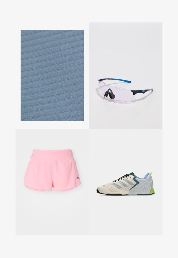 Svijetloplava tkanina s teksturiranim, rebrastim uzorkom. Površina pokazuje mekane, uzdignute linije koje prolaze horizontalno kroz materijal.; adidas Performance ADIZERO GEL - Sportske kratke hlače - semi pink spark; Lagane atletske cipele s gornjim dijelom od kremaste mreže, sivoj prugama, zelenim akcentom i teksturiranim plavim potporom pete. Crne vezice.; Sportske sunčane naočale s prozirnim ružičastim lećama. Imaju tamnoplave i svijetlosive okvire. Podesive nosne jastučiće za poboljšanje udobnosti.