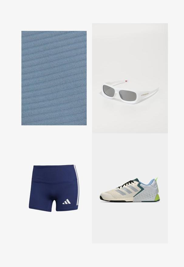 Tejido azul claro con un patrón texturizado y acanalado. La superficie presenta líneas suaves y elevadas que recorren el material de manera horizontal.; Pantalones cortos deportivos de color azul marino con un ajuste ceñido, hechos de una tela suave, con rayas blancas en los costados y un logotipo en la parte inferior izquierda.; Zapatillas deportivas ligeras con parte superior de malla color crema, franjas grises, un acento verde y un contador de talón texturizado en azul. Cordones negros.; Gafas de sol Oakley rectangulares blancas con lentes oscuros, reposando sobre una superficie blanca, con el logo visible en el lateral.