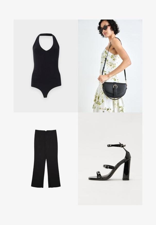 Musta halterneck-bodysuit syvällä V-pääntiellä, tiukasti muotoiltu malli ja napitus alaosassa helppoa pukemista varten.; Mustat housut suoralinjaisella leikkauksella, joissa on etutaskut ja sivurei'ät helman alla. Valmistettu pehmeästä ja sileästä kankaasta. Sopii eri tilaisuuksiin.; Musta kiiltävä korkokenkä sandaalit neliönmuotoisella varpaalla, nilkkaremmillä ja hopeisilla soljilla. Varustettu tukevalla lohkokorkealla vakauden takaamiseksi.; Musta nahkainen käsilaukku, joka on kaareva muotoilultaan, irrotettavalla hihnalla ja kultaisilla yksityiskohdilla. Laukussa on läppä, jossa on solk yksityiskohta.