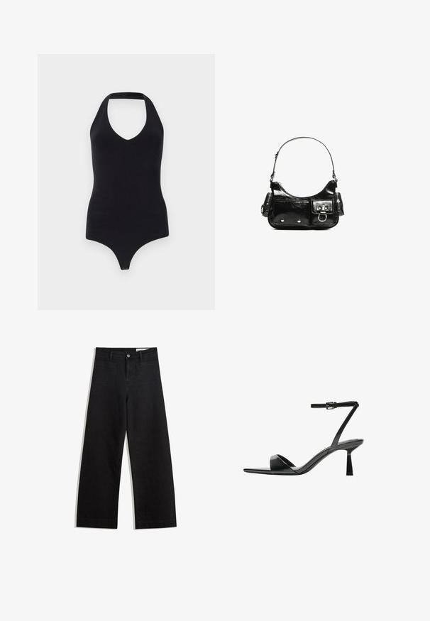 Czarny bodysuit na ramiączkach z głębokim dekoltem w kształcie litery V, dopasowany krój i zapięcie na zatrzasku na dole ułatwiające zakładanie.; Czarne dżinsowe spodnie o szerokich nogawkach i wysokim stanie, z przednimi i tylnymi kieszeniami, przeszyciami oraz zapięciem na guziki. Gładka struktura.; Bershka - Sandały na obcasie; Czarna torebka z lakierowanej skóry o zaokrąglonym kształcie, z jednym paskiem na ramię, przednimi kieszeniami i akcentami w kolorze srebrnym.