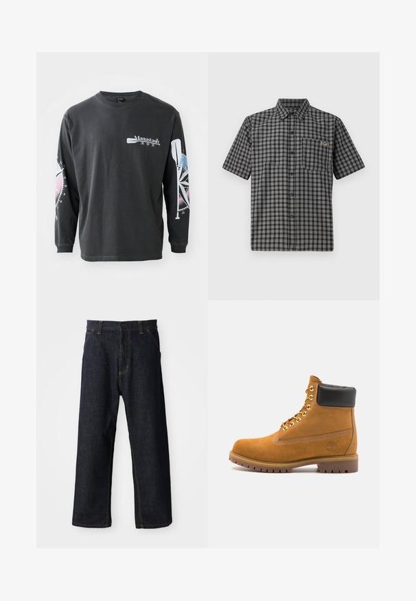 Long-sleeve black cotton t-shirt featuring a logo on the front and graphics of a compass and oar on the sleeves in blue and pink tones.; Short-sleeve shirt in black and white plaid pattern, featuring a button-down collar, front pocket, and a small label on the chest.; Dark blue denim trousers with a straight leg design, featuring yellow stitching, front pockets, and a button closure at the waist.; Tan suede ankle boot with black padded collar, gold metal eyelets, white stitching detailing, and rugged rubber sole with pronounced treads.