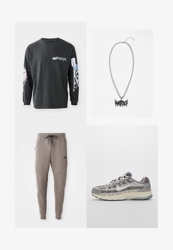Long-sleeve black cotton t-shirt featuring a logo on the front and graphics of a compass and oar on the sleeves in blue and pink tones.; Gray Nike sweatpants with a drawstring waistband, tapered legs, side pockets, and distinct seam detailing. Soft, textured fabric.; Gray athletic shoe featuring a mesh and suede upper, white accents, a cushioned sole, and a distinctive design with reflective elements.; Wasted Paris VAULT NECKLACE UNISEX - Necklace - silver-coloured
