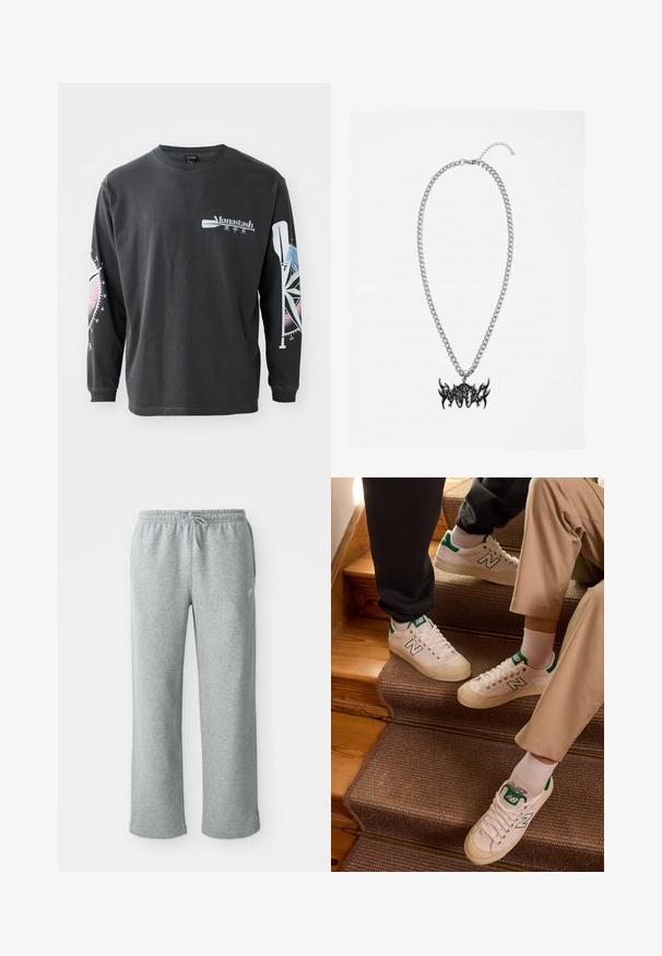 Fekete, hosszú ujjú pamut póló, elöl logóval, az ujjakon pedig kék és rózsaszín árnyalatú iránytű és evező grafikával.; Szürke pamut melegítőnadrág, elasztikus derékpánttal, zsinóros záródással és egyenes lábakkal. Bal felső részen egy kis logó található.; Fehér vászon sportcipő zöld részletekkel, gumi talppal, fűzős kialakítással és hangsúlyos "N" logóval az oldalán, fából készült lépcsőkön pihen.; Wasted Paris VAULT NECKLACE UNISEX - Nyaklánc - silver-coloured