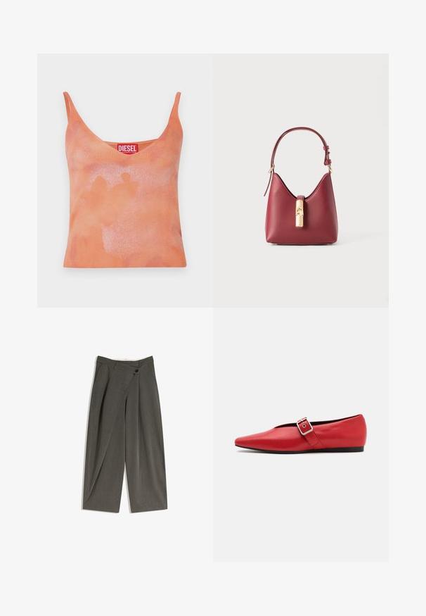 Narancssárga bordázott ujjatlan felső V-nyakkal és vékony pántokkal. Finoman elhalványuló mintával rendelkezik, és egy piros címke található rajta a "DIESEL" márkanevével.; Sötét szürke szövetből készült bő szárú nadrág. Lapos elülső rész, oldalsó zsebek és egyetlen gombos záródás jellemzi. Simaság és testre szabott fazon.; Piros bőr lapostalpú cipő, hegyes orral, oldalsó pánttal és fémből készült csattal, alacsony fekete sarokkal. Sima textúra az egész cipőn.; Piros bőr kézitáska jellegzetes ívelt formával, állítható pánttal és arany színű záródással elöl. Simább, egyszerűsített dizájn.; Aranyszínű Michael Kors óra lekerekített tokkal, fém láncszíjjal, minimalista számlappal, három mellékóra számlapjával és a 6 órás pozícióban található dátumkijelzővel.