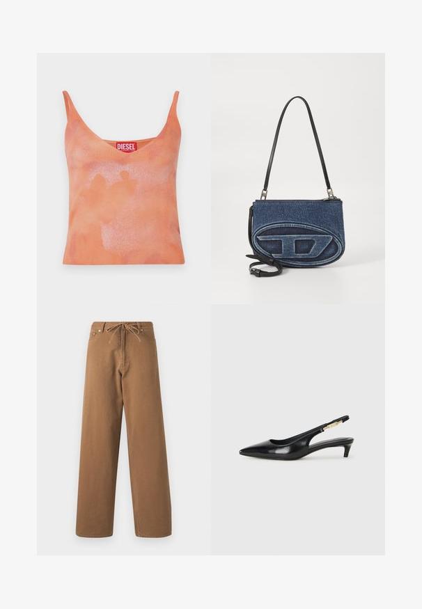 Oransje ribbede tanktop med V-hals og tynne stropper. Har et subtilt falmet mønster og en rød etikett med merkevarenavnet "DIESEL."; Brune brede bukser laget av bomull, med snor i midjen og to fron lommer. Teksturert stoff med en glatt overflate.; Sorte lærreim hæler med spiss tå, som har en slank hæl og en gullfarget detalj på den justerbare stroppen. Glatt tekstur.; Denim crossover bag med svart lærreim, oval logo-design på fronten, og glidelåsøkning på toppen. Teksturert overflate.