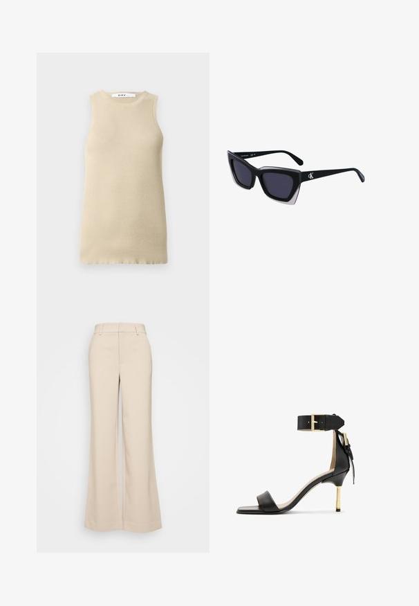 Top bej cu striații, fără mâneci, cu decolteu rotund, având o croială strânsă și o textură netedă, ideal pentru a fi purtat pe sub alte haine sau în vreme caldă.; Pantaloni bej cu croi larg, cu o textură netedă, având o talie înaltă și două buzunare frontale. Design curat cu o croială adaptată.; Sandal cu toc înalt din piele neagră, cu vârf pătrat, curea pentru glezna cu cataramă aurie și toc metalic subțire. Textură netedă, design minimalist.; Ochelari de soare supradimensionați, negri, cu o formă geometrică, având lentile întunecate și un detaliu gri contrastant pe ramă. Logo pe braț.