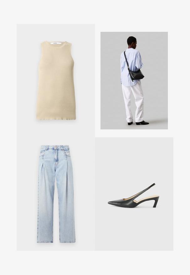 Top bej cu striații, fără mâneci, cu decolteu rotund, având o croială strânsă și o textură netedă, ideal pentru a fi purtat pe sub alte haine sau în vreme caldă.; Jeans din denim albastru deschis cu talie înaltă, croială evazată, două buzunare laterale și un design pliat. Textură moale cu un finisaj decolorat.; Pantof cu toc mic, cu vârf ascuțit și slingback, realizat din piele netedă, având un design decupat pe lateral pentru respirabilitate.; Geantă de umăr din piele neagră cu o textură moale, formă triunghiulară și curea ajustabilă, asortată cu o bluză cu dungi albastre deschise și pantaloni albi.