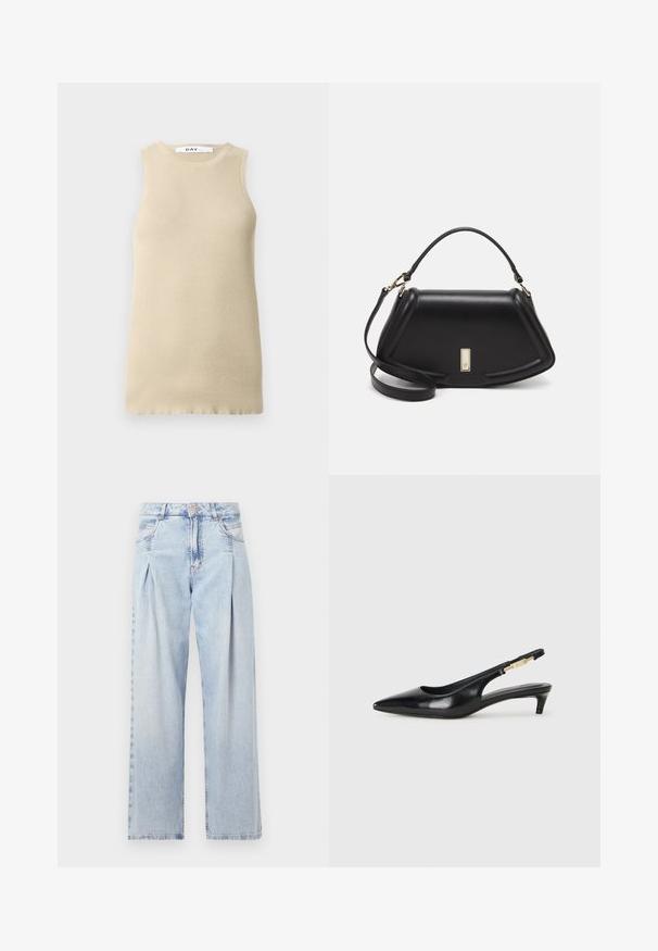 Bēšas ribotas bezpaliktņa blūzes ar apaļu kakla izgriezumu, kurai ir cieša piegriezte un gluda tekstūra, ideāla slāņošanai vai siltam laikam.; Gaiši zilas džinsu bikses ar augstu jostasvietu, plats kāju griezumu, divām sānu kabatām un krokotā dizaina akcentiem. Mīksta tekstūra ar izdilušu apdari.; Melnas ādas slingback zābaki ar smailu purngalu, ar šauru papēdi un zelta krāsas akcentu uz regulējama siksniņas. Gluda tekstūra.; Melnas ādas roku soma ar struktūru, ar īsu formu, augšējo rokturi un zelta aksesuāriem. Iekļauta regulējama plecu siksna.