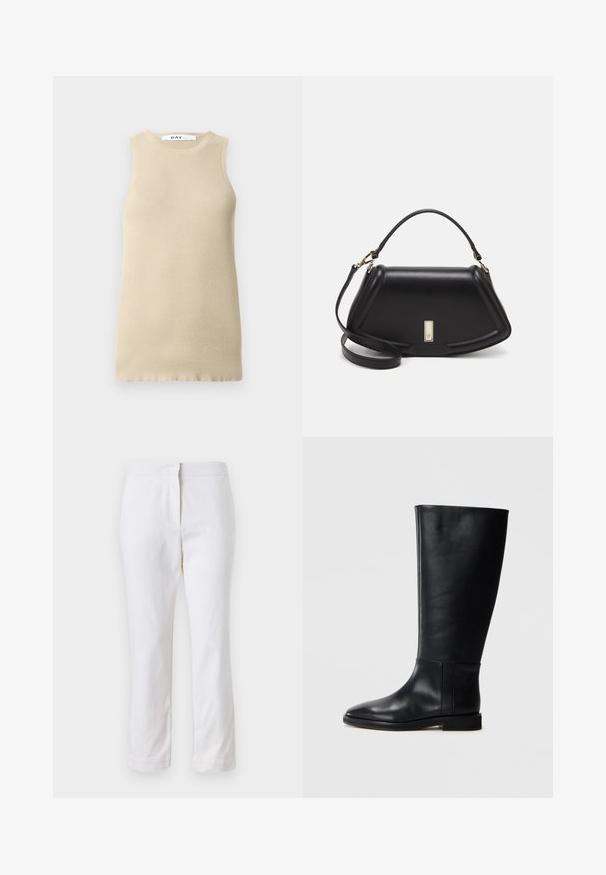Top senza maniche a righe color beige con scollo rotondo, caratterizzato da una vestibilità aderente e una texture liscia, ideale per sovrapporre o per il clima caldo.; Pantaloni bianchi in cotone con design a gamba dritta, caratterizzati da una vita a media altezza e senza hardware o motivi visibili. Tessuto liscio su tutta la superficie.; Stivale in pelle nera al ginocchio con punta arrotondata, texture liscia, design minimalista e suola piatta. Dettagli di cucitura semplici sulla gamba.; Borsa a mano in pelle nera con un design strutturato, caratterizzata da una forma corta, manico superiore e accessori in metallo dorato. Inclusa tracolla regolabile.
