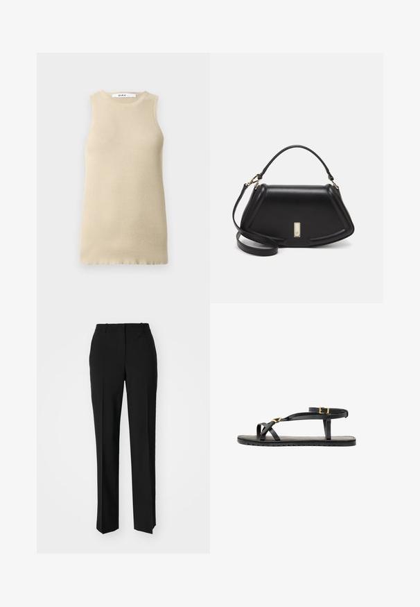 Beige gestreiftes ärmelloses Oberteil mit Rundhalsausschnitt, das eine figurbetonte Passform und eine glatte Textur aufweist, ideal zum Layering oder bei warmem Wetter.; Schwarze, taillierte Hose mit geradem Bein, aus einem glatten Stoff und mit klaren Falten an der Vorderseite. Keine sichtbare Hardware.; Schwarze Ledersandalen mit dünnen Riemen und einem geschnallten Knöchelriemen. Flache Sohle mit texturiertem Finish und Zickzackkante. Minimalistisches Design.; Schwarze Lederhandtasche mit einem strukturierten Design, das eine verkürzte Form, einen oberen Griff und goldfarbene Hardware-Details aufweist. Verstellbarer Schulterriemen ist enthalten.