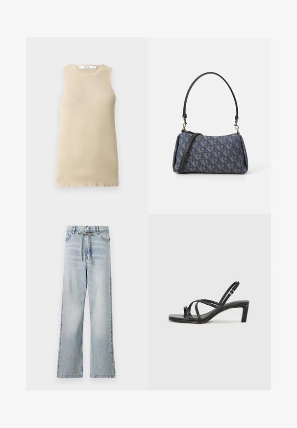 Bež zguban brezrokavnik z okroglim izrezom, ki se prilega telesu in ima gladko teksturo, idealen za plastenje ali toplo vreme.; Svetlo modre široke kavbojke iz denima, ki imajo visok pas, sprednje žepe in detajl z vrvico pri pasu. Imajo obrabljen videz.; Črne natikače s trakovi in kvadratnim prstom ter nizkim blokastim peto. Imajo več tankih trakov in nastavljiv trak okoli gležnja. Narejene so iz gladkega usnja.; Modra torbica s vzorom iz blaga, ki ima ukrivljeno obliko, črn usnjen trak in logotip v svetlejši odtenek.