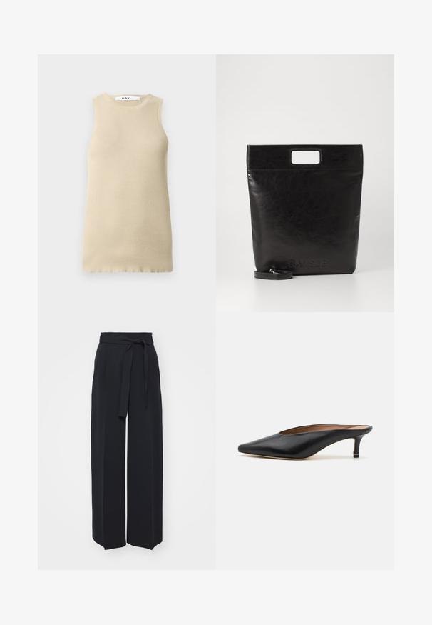 Beige geribbelde mouwloze top met een ronde halslijn, met een snug fit en een gladde textuur, ideaal voor lagen of warm weer.; Zwarte wijde broek van zachte stof. Voorzien van een ceintuur en plooien aan de voorkant. Glad textuur met een strakke, hedendaagse stijl.; Zwarte leren muiltjes met een puntige neus en een lage, blokhak. Glad oppervlak met een gestroomlijnd ontwerp. Open achterkant met minimale details.; Zwarte leren draagtas met een vierkant handvat, met een gestructureerde afwerking en een reliëflogo. Inclusief een afneembare schouderband.
