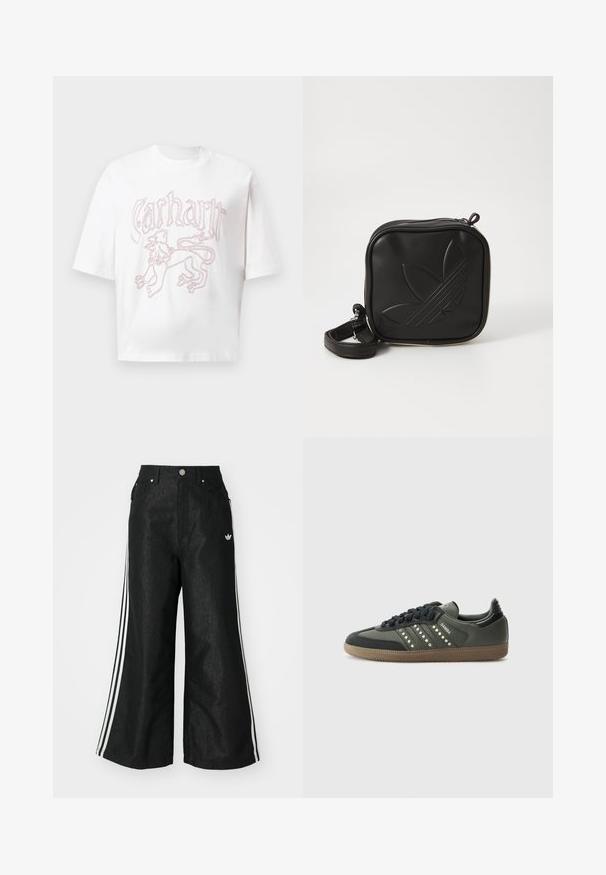 Camiseta blanca de manga corta con gráfico de león contorneado en rojo y texto estilizado "Carhartt" en el pecho.; Pantalones de denim anchos y negros con tres franjas blancas en cada lado y un pequeño logo blanco. Cuenta con bolsillos frontales y un cierre de botón.; adidas Originals SAMBA OG - Zapatillas - core black/legend earth/gum; Bolso cruzado negro hecho de material sintético texturizado. Presenta un diseño de logo en relieve y correa ajustable. Cierre con cremallera.