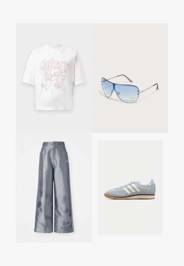 Balts īsās piedurkņu T-krekls ar sarkanu kontūrā izstrādātu lauvu grafiku un stilizētu "Carhartt" tekstu uz krūšu.; Platas kājas bikses no spīdīga pelēka materiāla, ar baltām sānu svītrām un liesmu rakstu apakšējā kāju daļā. Pogas un rāvējslēdzēja aizdare jostasvietā.; Gaiši zili zamša sporta apavi ar baltām trim svītrām, gumijas zoli un teksturētu sietu. Ietver gludu purngalu un zīmolu uz papēža.; Pilotstila saulesbrilles ar gradienta zilām lēcām, sudraba metāla rāmjiem un dekoratīvām zvaigžņu akcentiem uz lēcām. Gluda un eleganta dizaina.