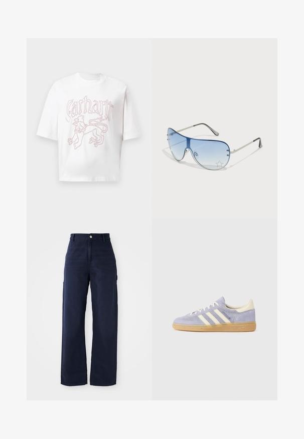 Vit kortärmad T-shirt med rödlinjerad lejongrafik och stiliserad "Carhartt" text över bröstet.; Marinblå vida cargobyxor i kraftig bomull, med sidofickor och knäppning i midjan.; Lila mockaskor med tre vita ränder, gummisulor i gummi och krämfärgade accenter vid hälen och tungan. Minimalistisk design med logotypdetalj.; Pilotglasögon med gradientblå linser, silverfärgad metallram och dekorativa stjärnaccenter på linserna. Snygg och elegant design.