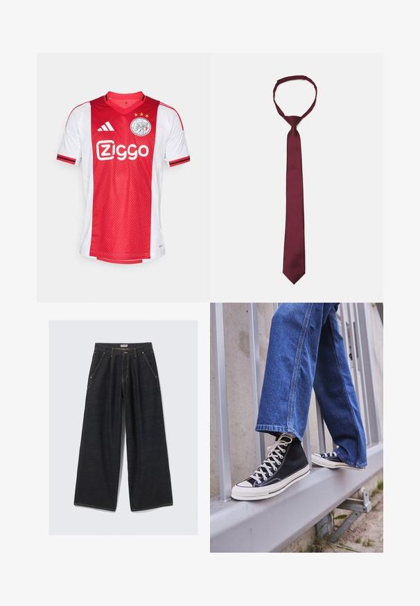Rood-wit voetbalshirt met een v-hals, zigzagaccenten en drie sterren boven een rond logo en het merk "Ziggo".; Donkerblauwe wijde jeans met plooien aan de voorkant, schuine zakken, riemlussen en een knoopsluiting bij de taille met het label "WEEKDAY."; Zwarte hoge sneakers met witte zool en veters, gecombineerd met losse blauwe denim jeans, rustend op een grijze leuning.; Bordeaux satijnen stropdas met een gladde textuur, smalle breedte en spitse punt; voorzien van een lus voor eenvoudig dragen.