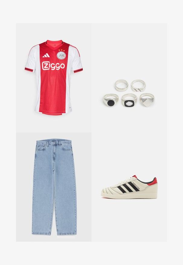 Maillot de football rouge et blanc avec un col en V, des accents en zigzag et trois étoiles au-dessus d'un logo circulaire et de la marque "Ziggo".; Jean en denim bleu clair avec une coupe droite, présentant une taille mi-haute, cinq poches, et une fermeture à bouton et à fermeture éclair.; Baskets en cuir crème avec des rayures noires, des accents rouges au talon et des détails texturés. Elles sont dotées d'une semelle en caoutchouc et d'un système de laçage.; Cinq anneaux en argent : un avec un détail circulaire noir, un avec un motif géométrique blanc et noir, et les autres avec diverses formes et finitions.