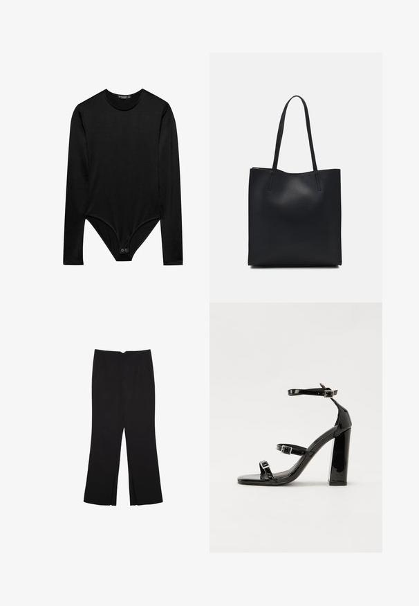 Zwarte lange mouwen bodysuit van gladde stof, met een ronde halslijn en een drukknoopsluiting aan de onderkant voor een veilige pasvorm.; Zwarte broek met een rechte pasvorm, voorzien van zijzakken en plooien aan de onderzijde. Gemaakt van zachte, gladde stof. Geschikt voor verschillende gelegenheden.; Zwarte patent lederen sandalen met hoge hakken, twee gespenbanden, een vierkante neus en een stevige blokhak, met een gladde, glanzende textuur.; Zwarte leren handtas met een gladde textuur, rechthoekige vorm en twee lange handvaten. Geen zichtbare hardware of versieringen.