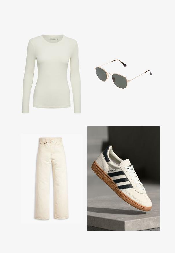 Długowy na rękaw z prążkowanego materiału w kolorze jasnobeżowym, z okrągłym dekoltem i dopasowanym krojem. Wykonany z miękkiego, gładkiego materiału o delikatnej teksturze.; Beżowe jeansy szerokie z bawełnianego dżinsu. Cechy obejmują wysoki stan, zapięcie na guzik oraz pięć kieszeni. Gładka, trwała tekstura.; Białe zamszowe sneakersy z granatowymi paskami, gumową podeszwą, teksturowaną górą, okrągłym noskiem i sznurowaniem; posiadają logo po boku i na języku.; Złote okulary przeciwsłoneczne w stylu aviatora z ciemnozielonymi soczewkami, z wąskimi ramionami i akcentami w panterkę na końcach.; Czarna pikowana torebka ze sztucznej skóry z łańcuszkowym paskiem, z heksagonalnym wzorem i dekoracyjnym detalem w postaci skrzydełek z przodu.