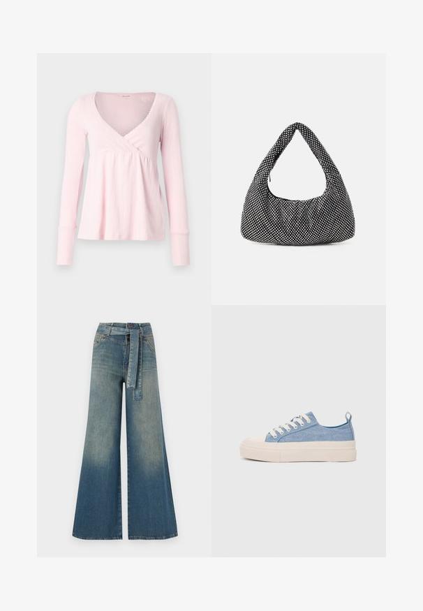 Hollister Co. Easy Long-Sleeve Pointelle Babydoll Top - Ilgarankovis viršutinės dalies drabužis - pale lilac; Platus džinsinis kelnes su šviesiai tamsiai mėlynu gradientu, aukštu juosmeniu, diržo kilpomis ir atitinkančiu audinio diržu. Textūruotas džinsinis paviršius.; Šviesiai mėlyni drobės sportbačiai su kreminiu guminiu pirštų apsaugos ir pado elementu, balti raišteliai ir kilpa ant kulno.; Juoda, kreivę formą turinti hobo tipo rankinė, pagaminta iš tekstūruotos medžiagos, puošta sidabriniais kalnų krištolais. Viena viršutinė rankena, su užtrauktuku užsegama ir minkšta siluetas.